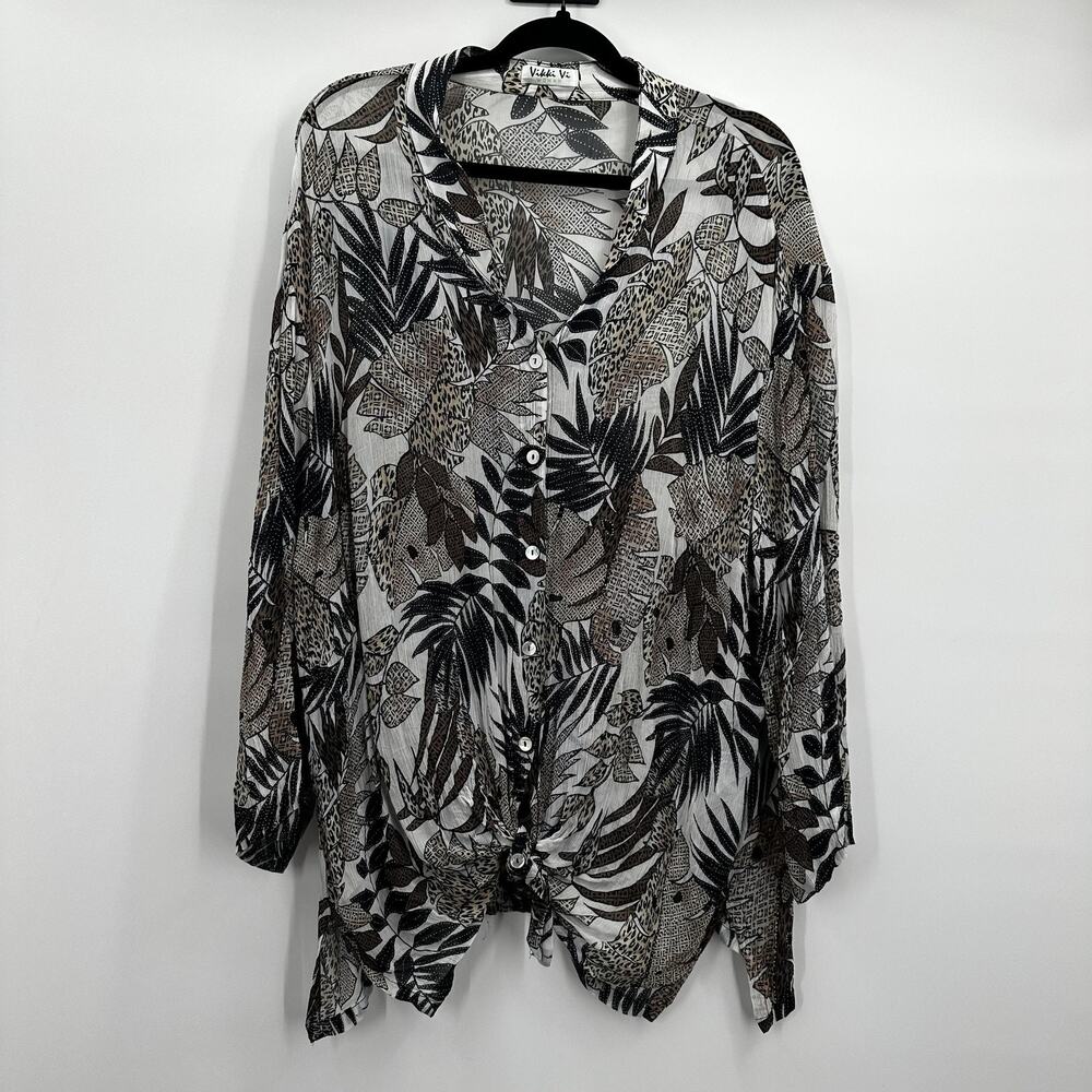 Vikki Vi Shirt Womens 3X Brown Black Leaf Animal Print Button Up Top Plus Size
